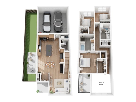 Single Family C floor plan showing a 3 bedroom, 2.5 bathroom single family home with private side yard and balcony