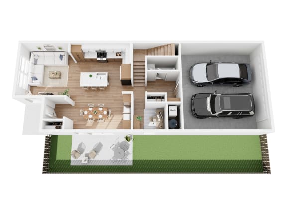 Single Family D floor plan showing the 1st floor of a single family home with 2-car garage, kitchen, office, dining area, living room and private outdoor space