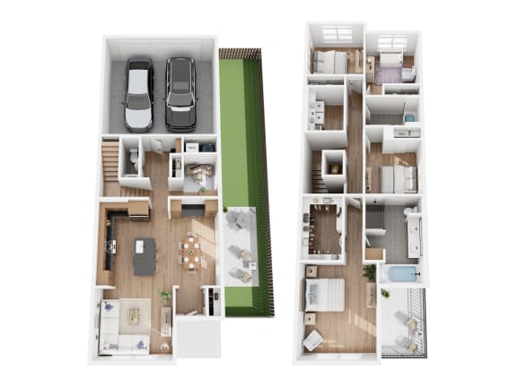 Single Family D floor plan showing a 4 bedroom, 2.5 bathroom single family home with an office, balcony and private outdoor space
