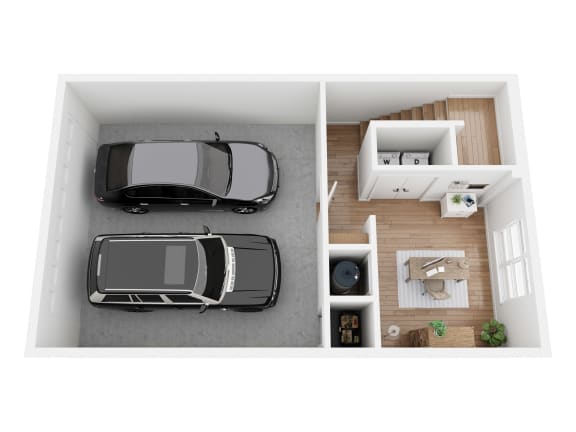 Townhome C floor plan showing the ground level with 2-car garage, washer/dryer and living room
