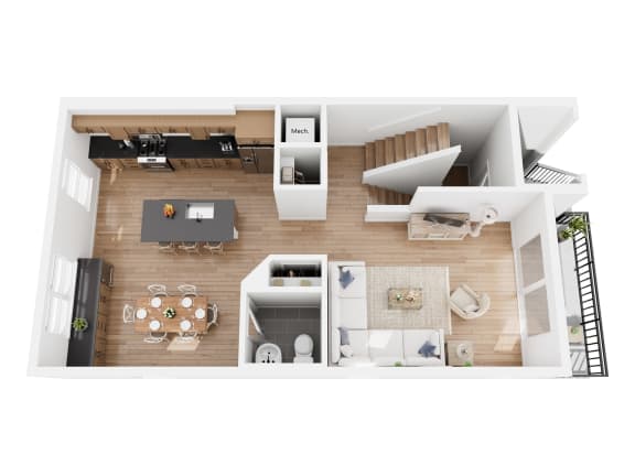 Townhome C floor plan showing the 1st floor with kitchen, dining room, living room and balcony