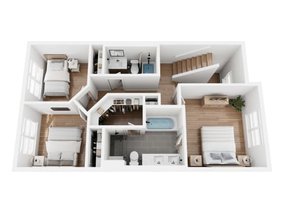 Townhome C floor plan showing the 2nd floor with 3 bedrooms and 2 bathrooms