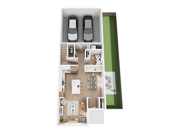 A top down view of a house with a living room, kitchen, and two bedrooms.