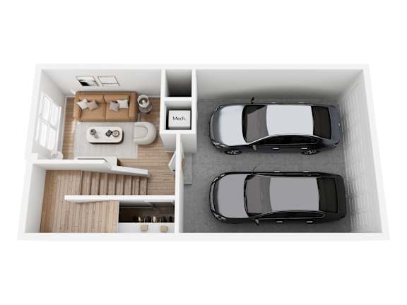 A top-down view of a car and a room with a couch and a table.