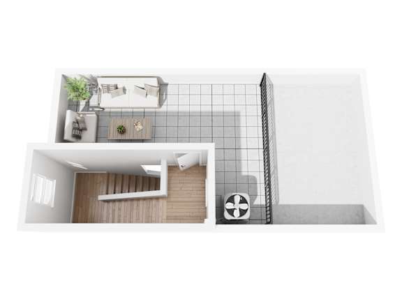 A top-down view of a room with a couch, a table, a plant, and a fan.