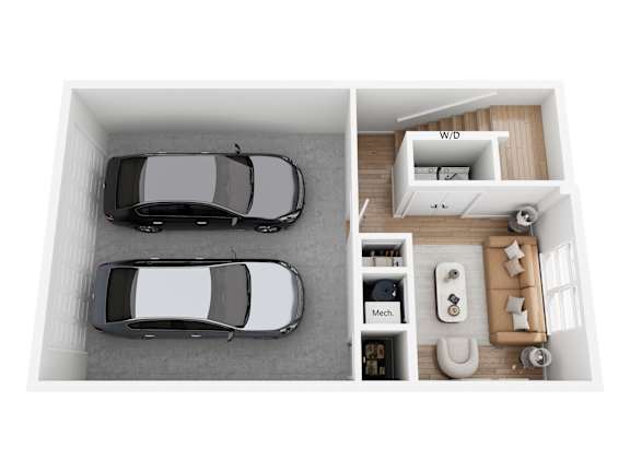 A car is parked in a garage and a view of a bedroom with a bed and a nightstand is shown.