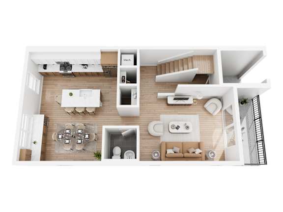 A top-down view of a modern apartment layout with a kitchen, living room, and bathroom.