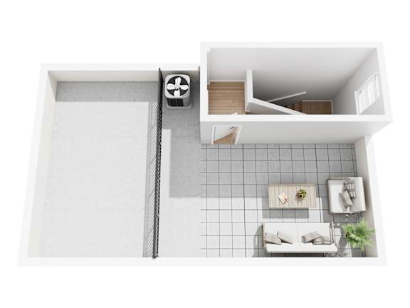 A top down view of a small apartment with a living room and kitchen area.