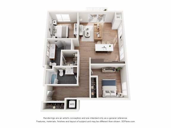 Floor Plan  A 3D floor plan of a house with labeled rooms.