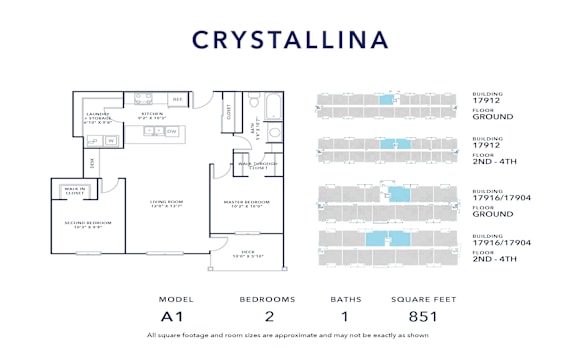 A floor plan for a model A1 Crystallina with 2 bedrooms and 1 bath.