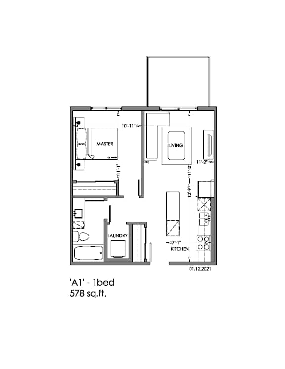 A floor plan of a one bedroom apartment.