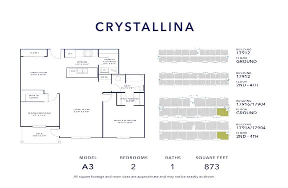A floor plan for a property called Crystallina, with a total of 873 square feet, including 2 bedrooms and 1 bathroom.