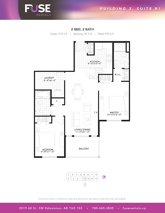 A floor plan for a 2 bedroom, 2 bath suite in a building called Fuse.