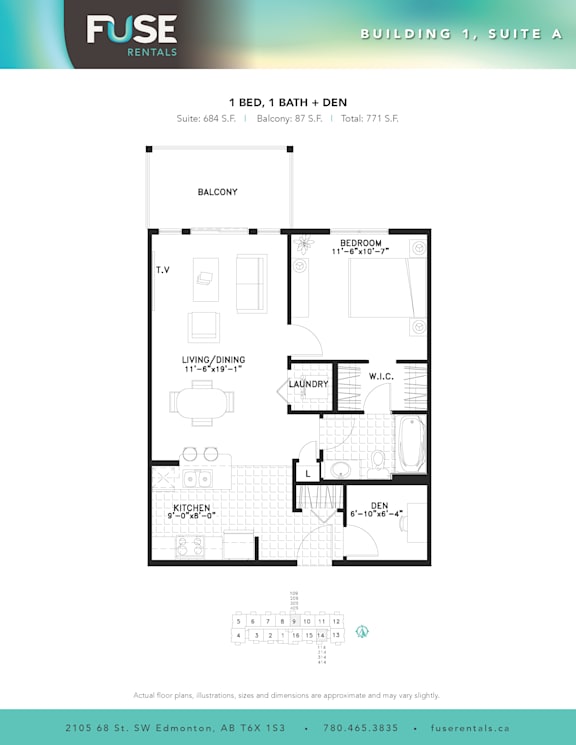 A floor plan for a suite in a building with a balcony, bedroom, living room, kitchen, and laundry area.