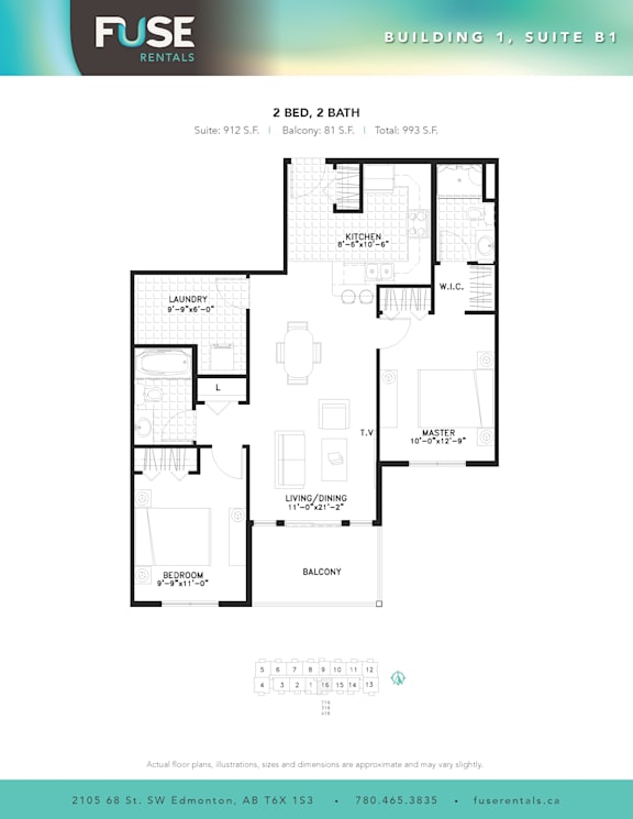 A floor plan for a 2 bedroom, 2 bath suite in a building called Fuse Rentals.
