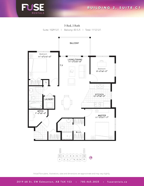 A diagram of a 3 Bed, 2 Bath suite in a building.