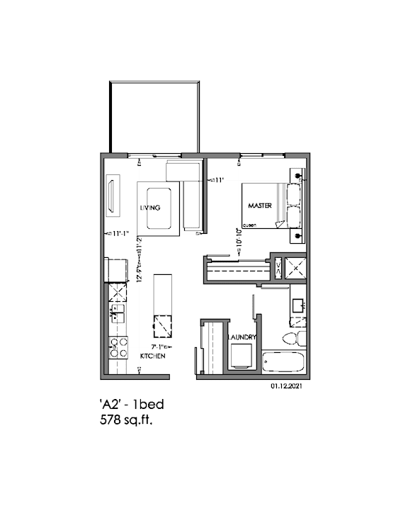 A floor plan of a one bedroom apartment sized 578 square feet.