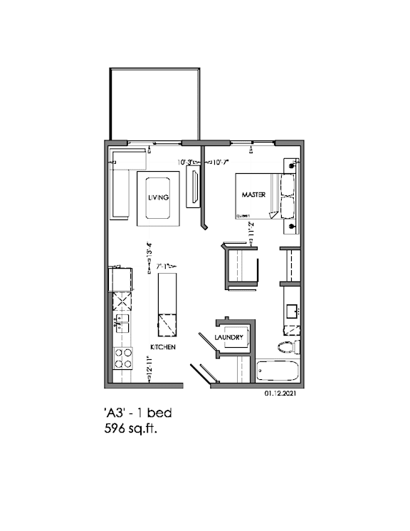 A drawing of a floor plan for a one bedroom apartment.
