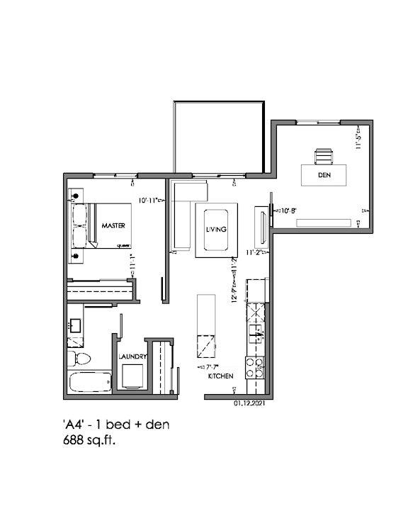 A floor plan of an apartment sized 688 sq.ft.