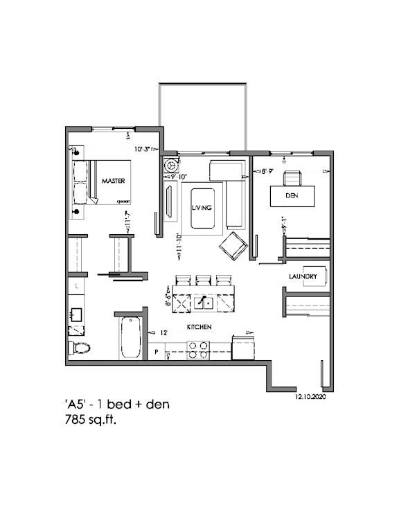 A floor plan of a one bedroom den with a laundry room.