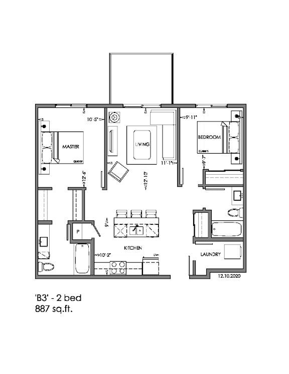 A floor plan of a 'B3' - 2 bedroom apartment sized 887 sq.ft.
