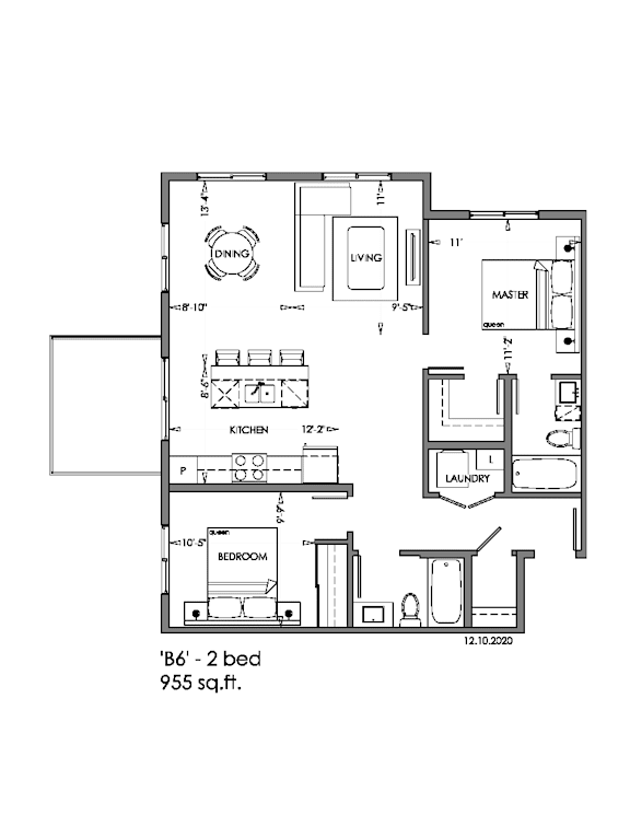 A floor plan of a one bedroom apartment.