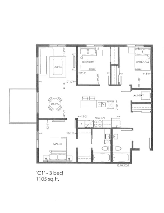 A floor plan of a 3 bedroom apartment sized 1105 sq.ft.