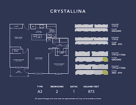 A blueprint of a house named Crystallina with a living room, dining room, kitchen, and bathrooms.