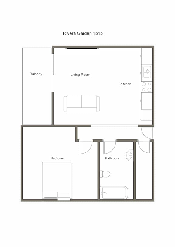 A black and white drawing of a floor plan for a 1 bedroom apartment.
