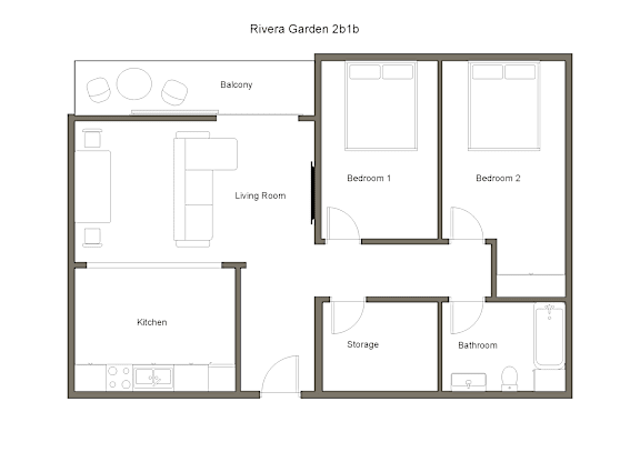 A floor plan of a 2 bedroom apartment with a living room, kitchen and bathroom.