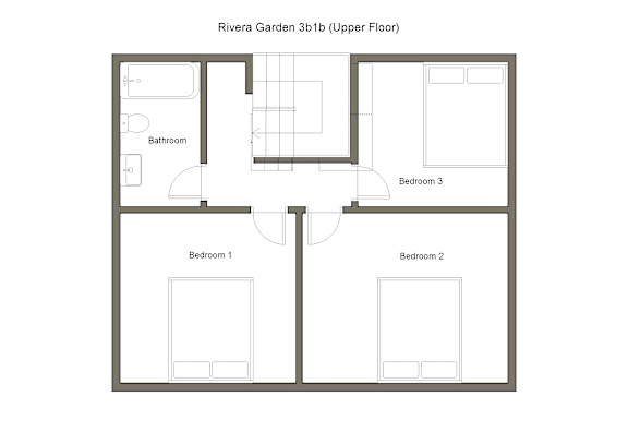 A drawing of a floor plan for the upper level of a Rivera Garden 3 bedroom apartment.