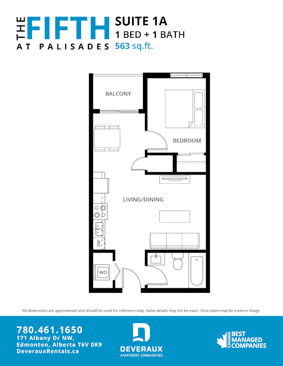 A floor plan for a 1 bedroom and 1 bath suite at The Fifth Palisades.