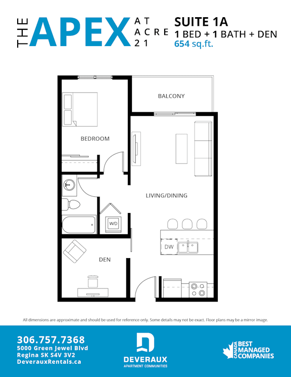 A floor plan for a 1 bedroom, 1 bathroom apartment at The Apex.