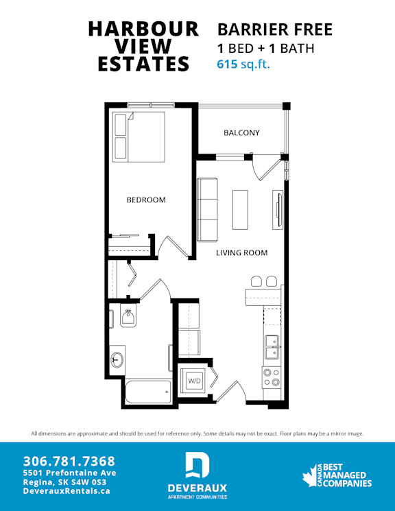 A floor plan for a 1 bedroom, 1 bathroom apartment at Harbour View Estates.