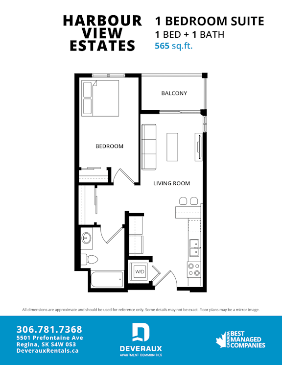 A floor plan for a 1 bedroom suite at Harbour View Estates.