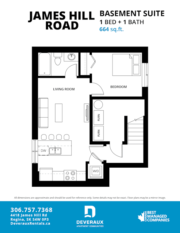 A floor plan for a James Hill Basement Suite showing a living room, bedroom, and bathroom.