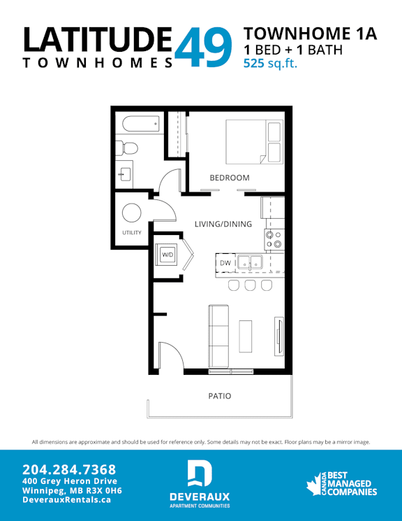 1 Bedroom 1 Bath Floor Plan at Latitude 49 Townhomes, Winnipeg, R3X 0M1