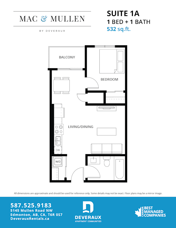 A floor plan for a 1 bedroom and 1 bath suite.