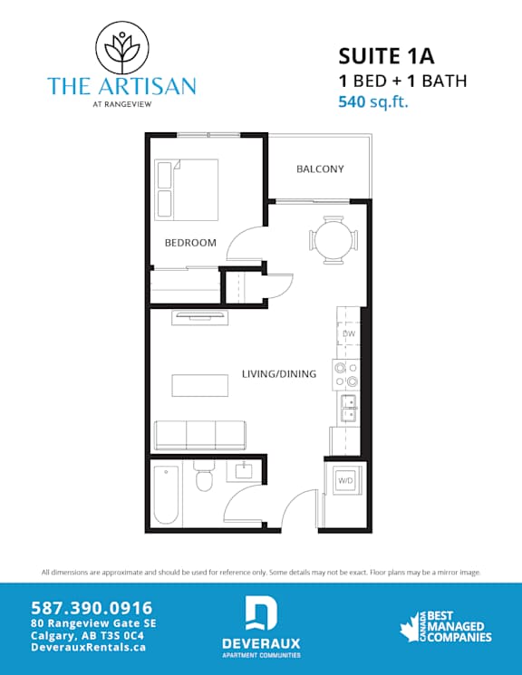 Suite 1A Floor Plan - a floor plan for a 1 bedroom and 1 bathroom suite at Rangeview.at The Artisan at Rangeview, Calgary, Alberta