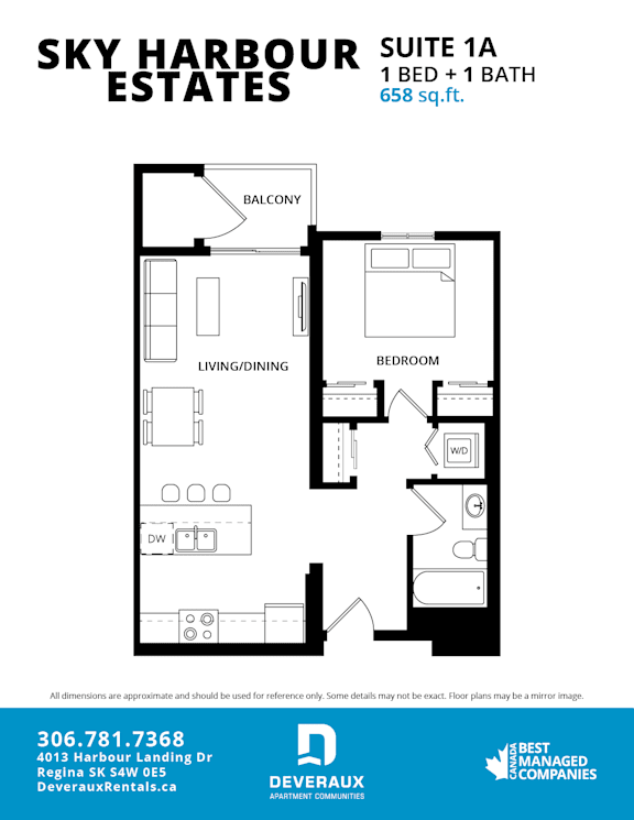 A floor plan for the Sky Harbour Estates Suite 1A, which includes a bedroom, living/dining area, and bathroom.