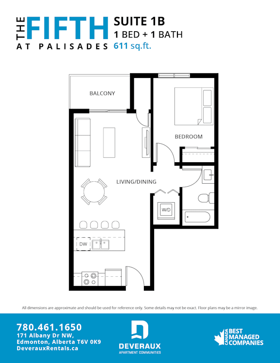 A floor plan for a suite at Palisades shows a bedroom, living/dining area, and bathroom.