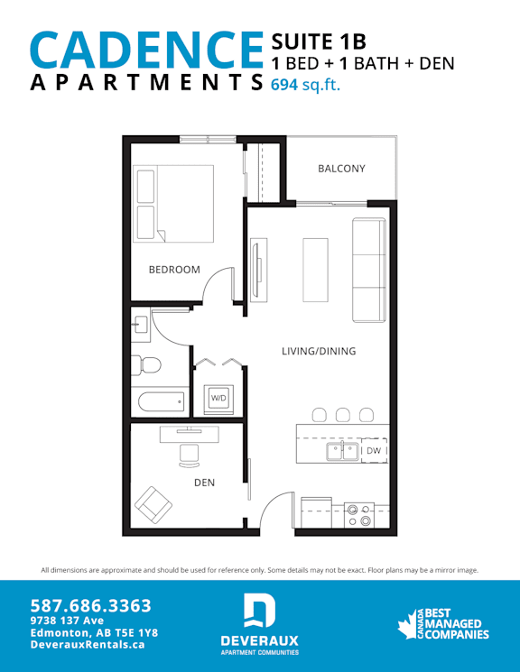 A floor plan for a one bedroom apartment with a den and balcony. at Cadence at Griesbach, Edmonton, AB, T5E 1Y8