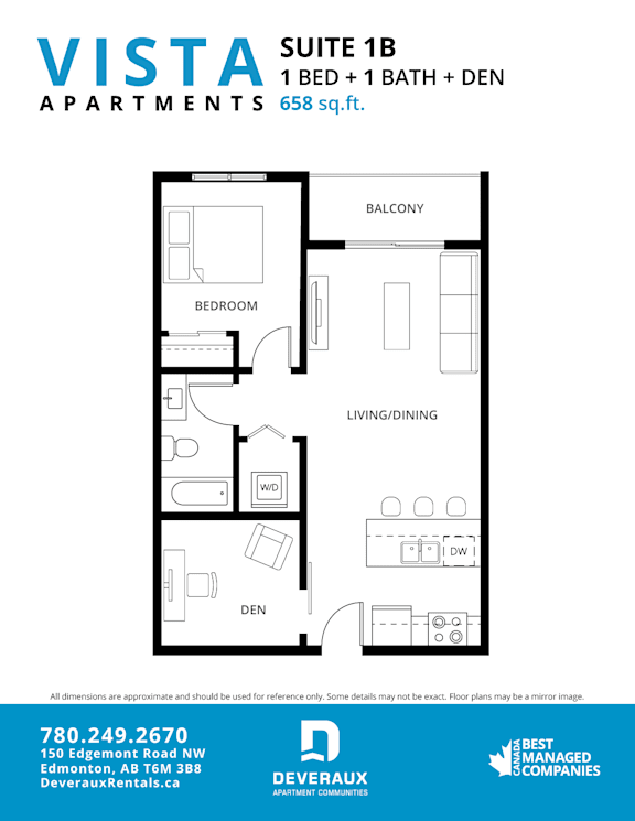 A floor plan for a suite apartment with a balcony, bedroom, living/dining area, and den at Vista Apartments at Edgemont, Edmonton, AB