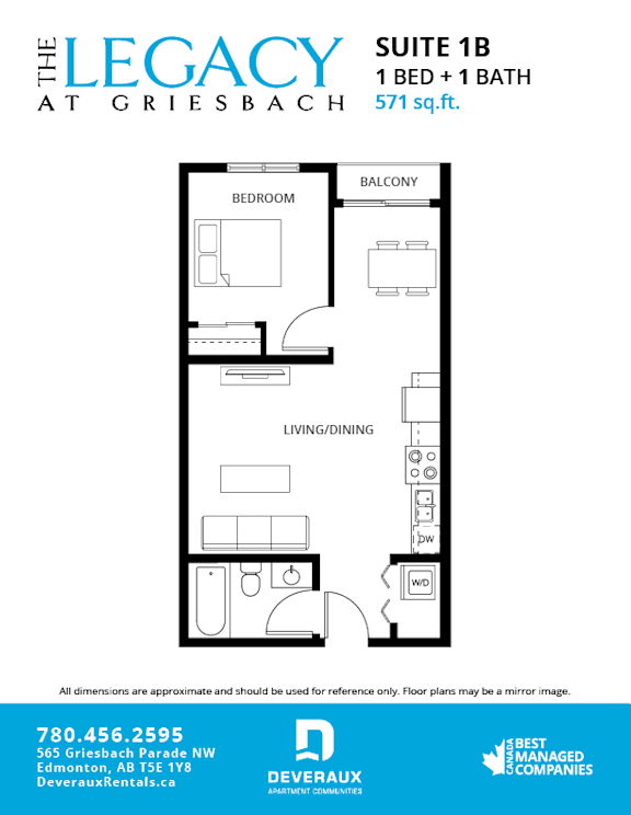 A floor plan for a suite at The Legacy in Griesbach, showing a bedroom, living/dining area, and balcony.