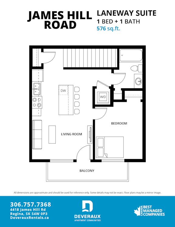 A floor plan for a 1 bedroom, 1 bathroom apartment at James Hill Laneway Suite.
