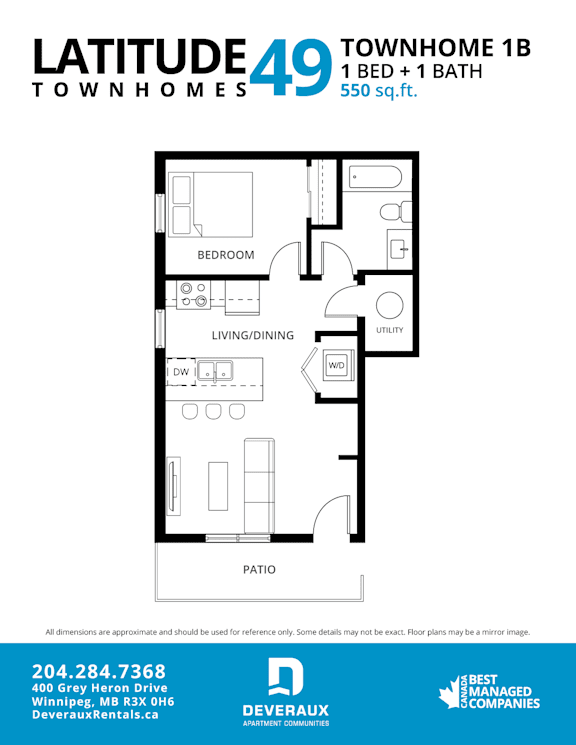 1 Bed 1 Bath Floor Plan at Latitude 49 Townhomes, Winnipeg, MB