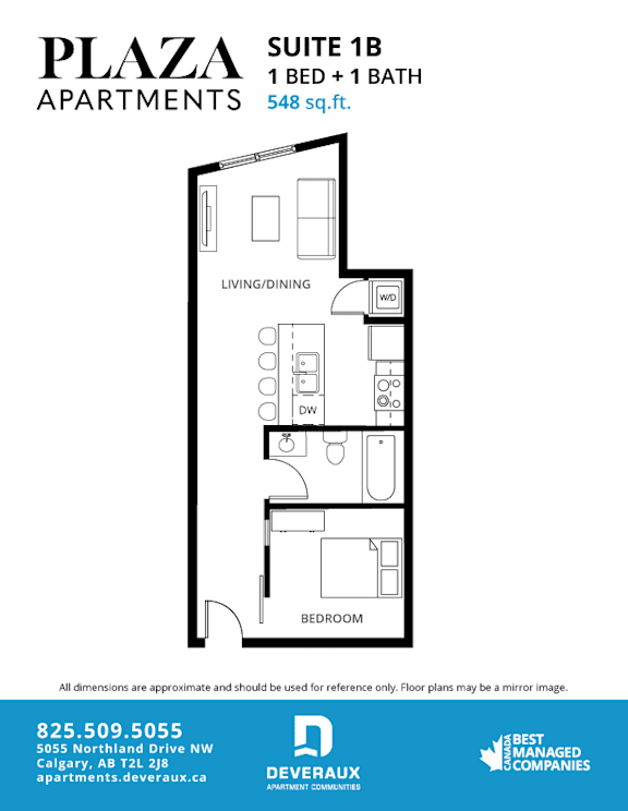 Suite 1b floor plan 548 square feet at Plaza Apartments, Calgary, Alberta