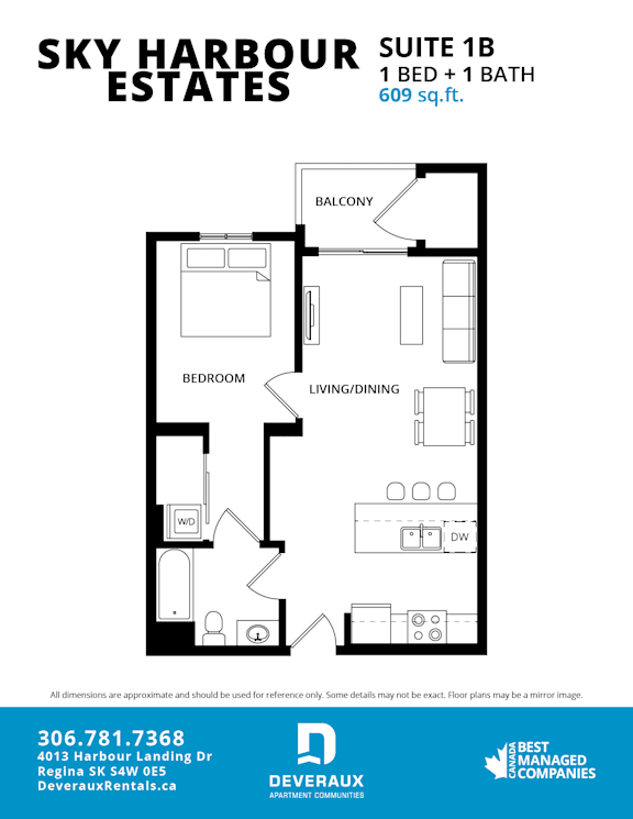 A floor plan for the Sky Harbour Estates Suite 1B, which is 609 square feet and includes 1 bed and 1 bath.