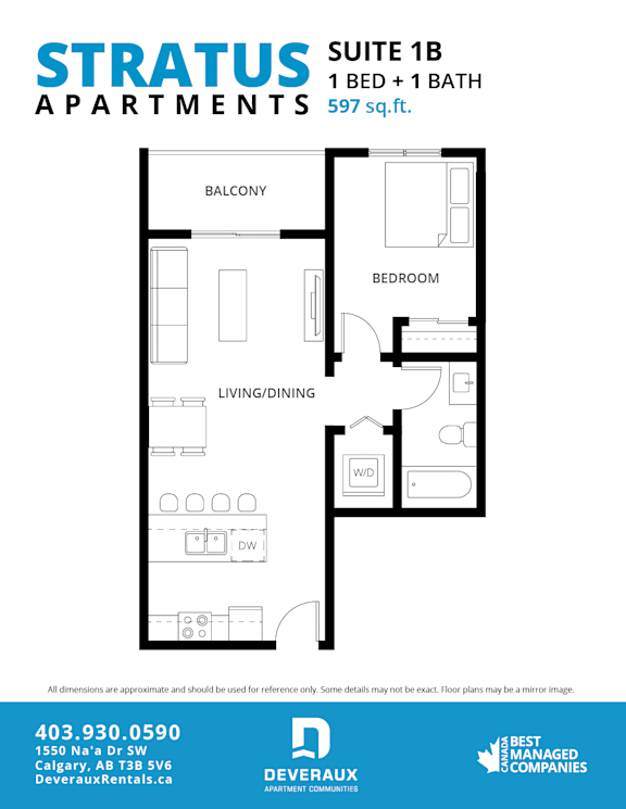 A floor plan for a one bedroom apartment with a living/dining area and a balcony.