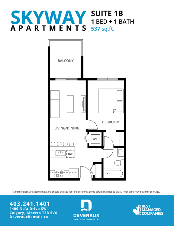 1b Floor Plan at Skyway Apartments, Calgary, T3B 5V6